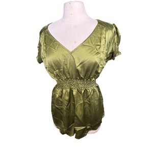 Worthington Women's Olive Green Satin Smocked Waist V Neck Top Size XL